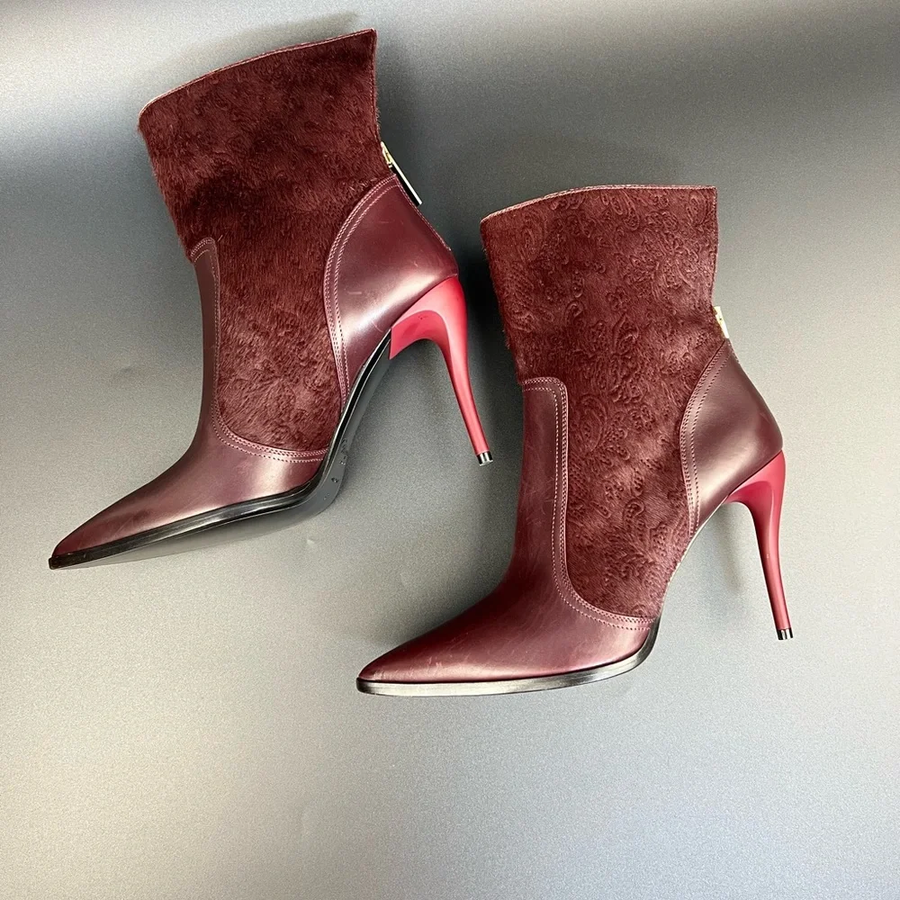Bruno Magli Sophisticated Wine-Red Pointed High Heel Glam Ankle Boots Size 37